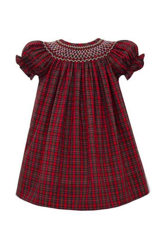 Petit Bebe Girls Red Holiday Plaid Smocked Bishop Dress
