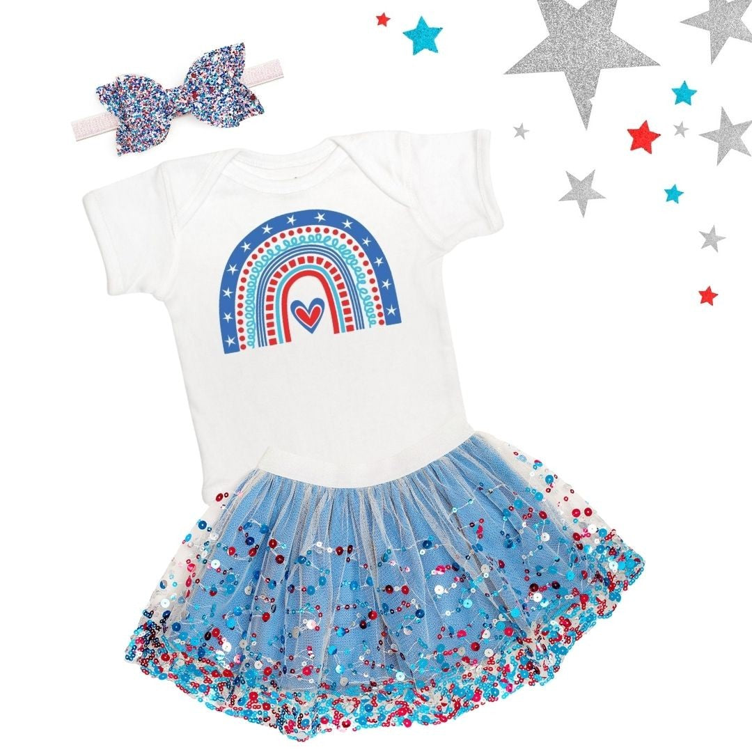 Sweet Wink Girls White Tee Shirt - USA Patriotic Rainbow