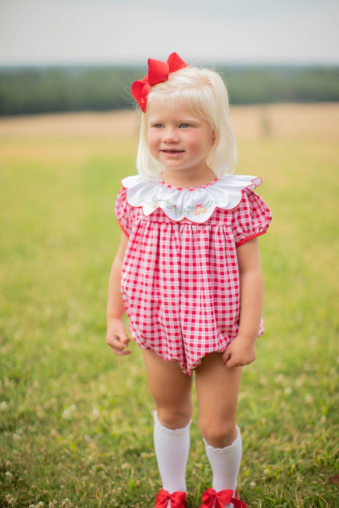 Proper Peony Baby Girls Christmas Bubble - Red Check Embroidered Golden Bells