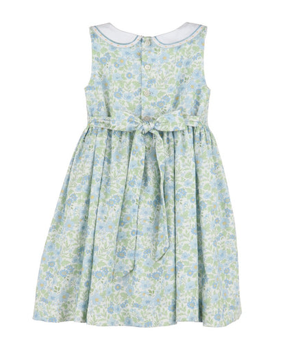Luli & Me Girls Ocean Blue Floral Sleeveless Smocked Dress - Embroidered Collar