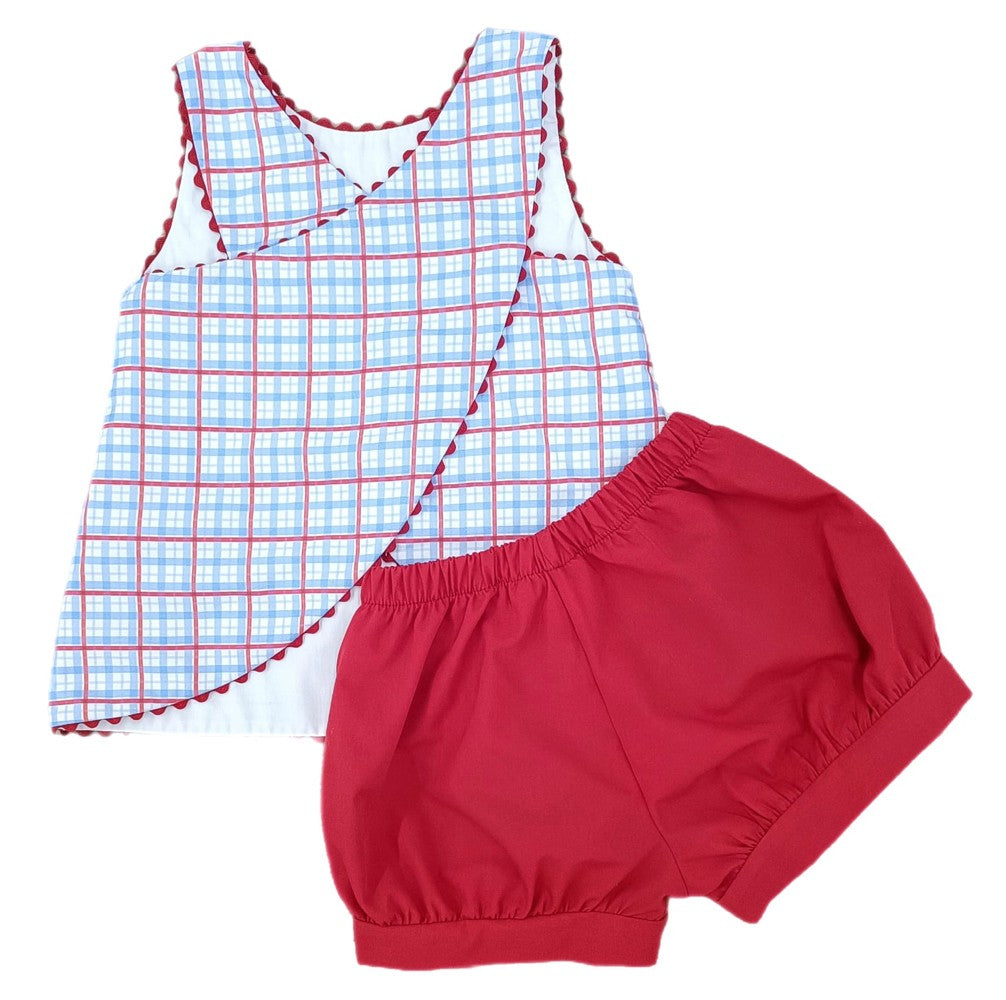 James & Lottie Girls Sammy Cross Back Banded Shorts Set - Patriotic Plaid
