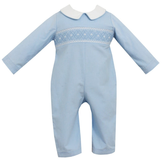 Petit Bebe Baby Boys Light Blue Corduroy Romper - Smocked in White