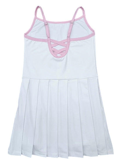 Be Elizabeth by James & Lottie Girls Pleated White Athleisure Tennis Dress - Piped in Pink