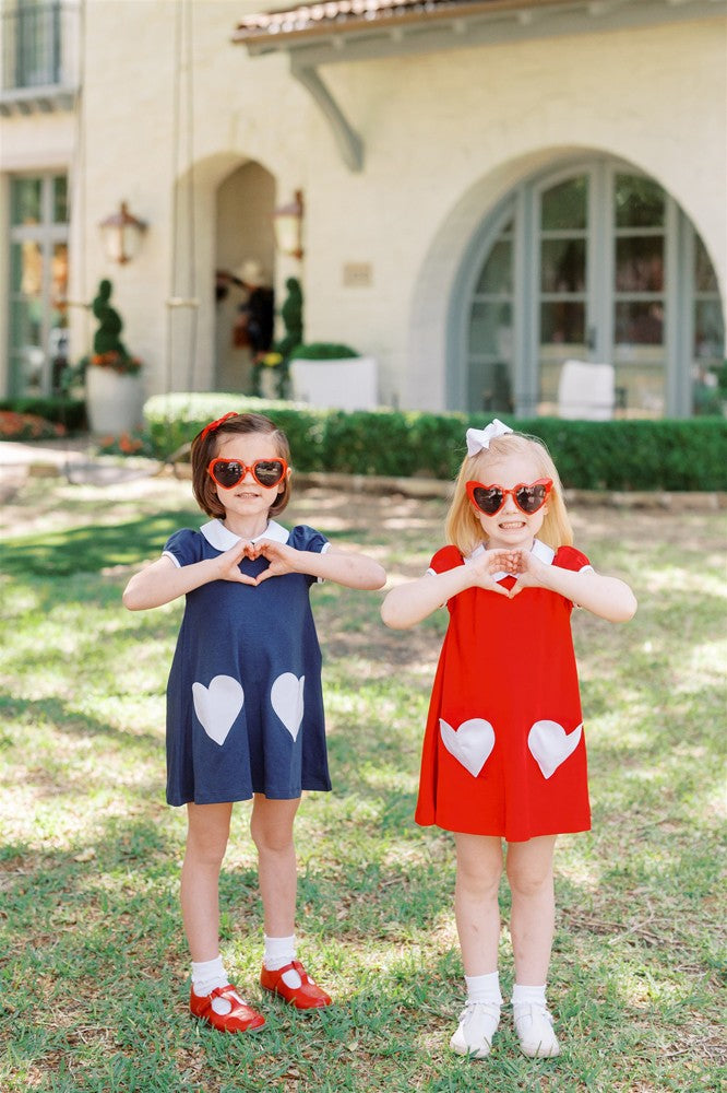 Proper Peony Pima Girls A-Line Dress - Red with White Valentine Heart Pockets