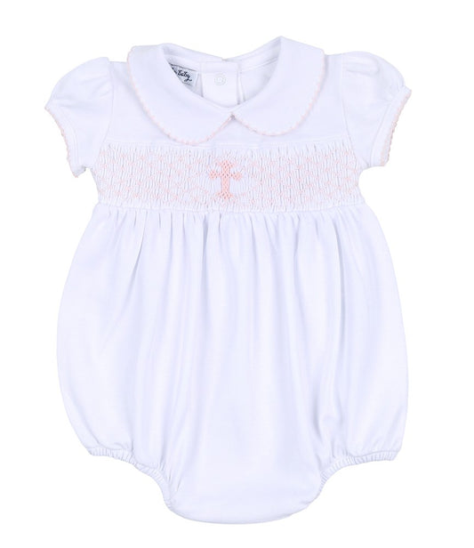 Magnolia Baby Girls White Blessed Bubble - Smocked Pink Cross