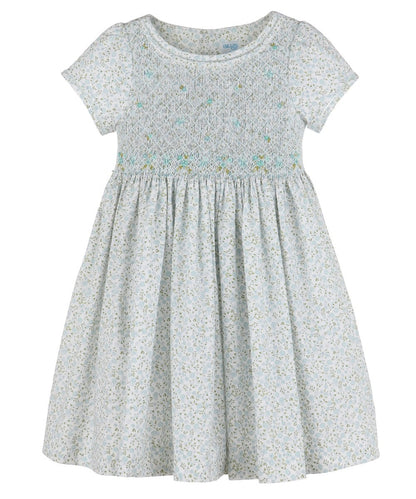 Luli & Me Girls Blue Wildflowers Dress - Fully Smocked Bodice