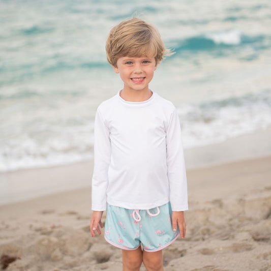 James & Lottie Boys James Swim Trunks - Pink Flamingo Print