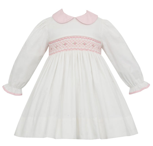 Petit Bebe Baby / Toddler Girls Winter White Corduroy Dress - Smocked in Pink - Collar by Petit Bebe