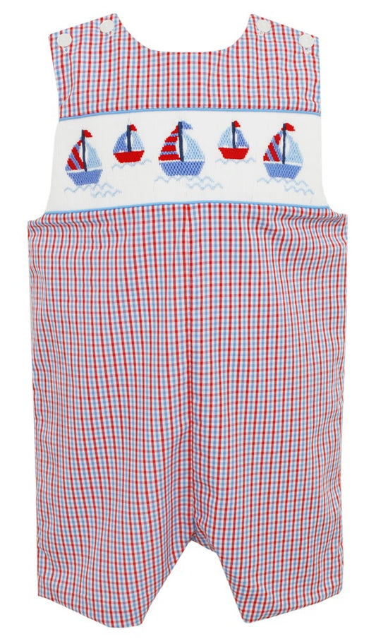 Anavini Baby / Toddler Boys Red / Blue Plaid Smocked Sailboats Jon Jon