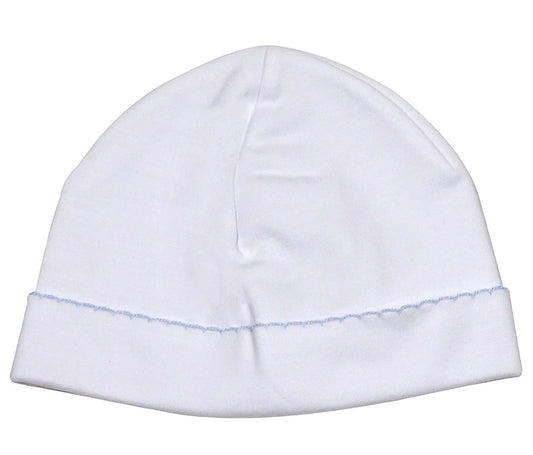 The Proper Peony Layette - Baby Boys Pima Cotton Hat - White with Blue Trim