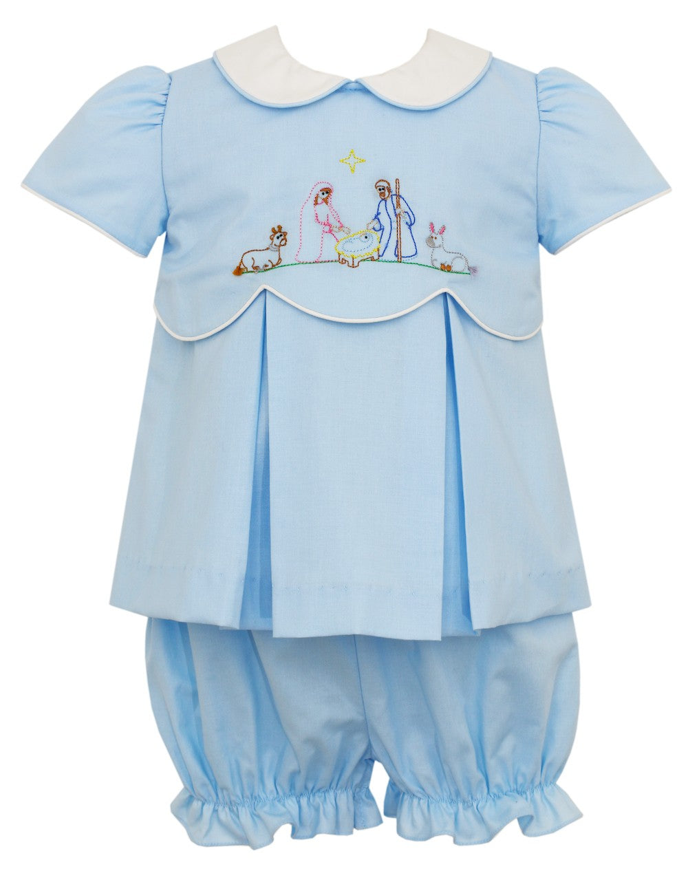 Anavini Baby / Toddler Girls Light Blue Embroidered Nativity Scene Bloomers Set
