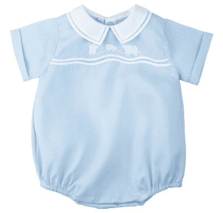 Feltman Brothers Newborn Baby Boys Blue Creeper with Embroidered Train by Feltman Brothers