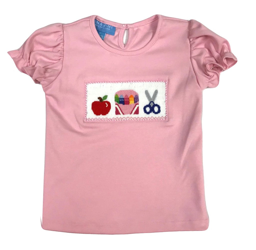 Anavini Girls Pink Smocked Apple / School Crayons & Scissors Top by Anavini