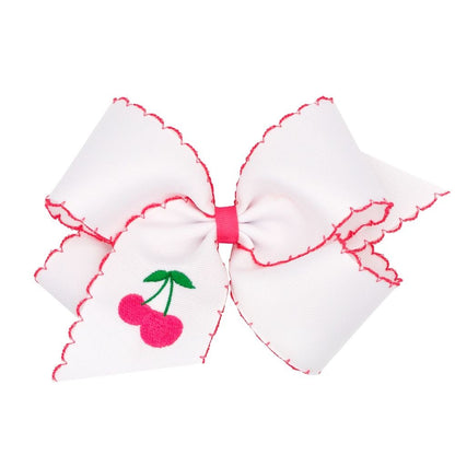 Wee Ones Girls Moonstitch Bow - White with Pink - Embroidered Cherry