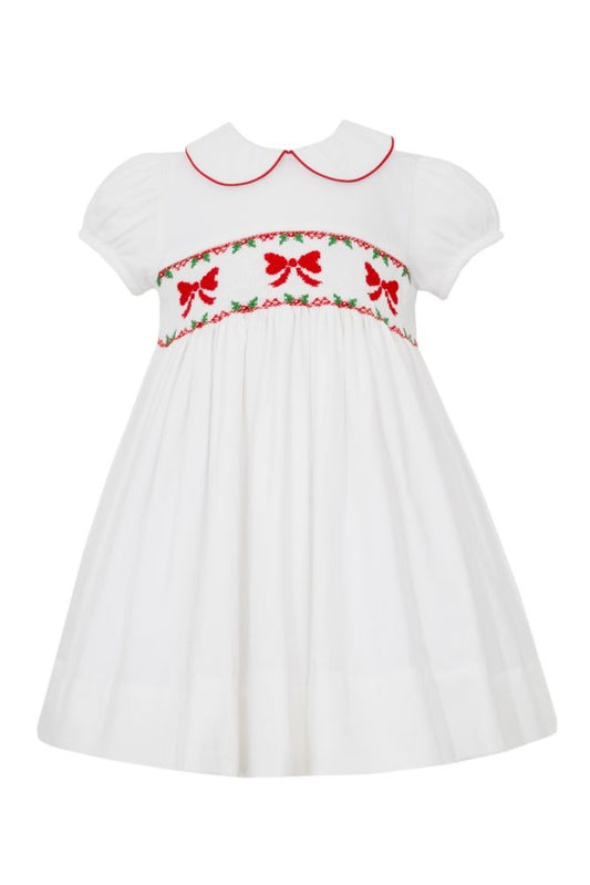 Anavini Couture Girls Winter White Corduroy Dress with Collar - Smocked Red Bows