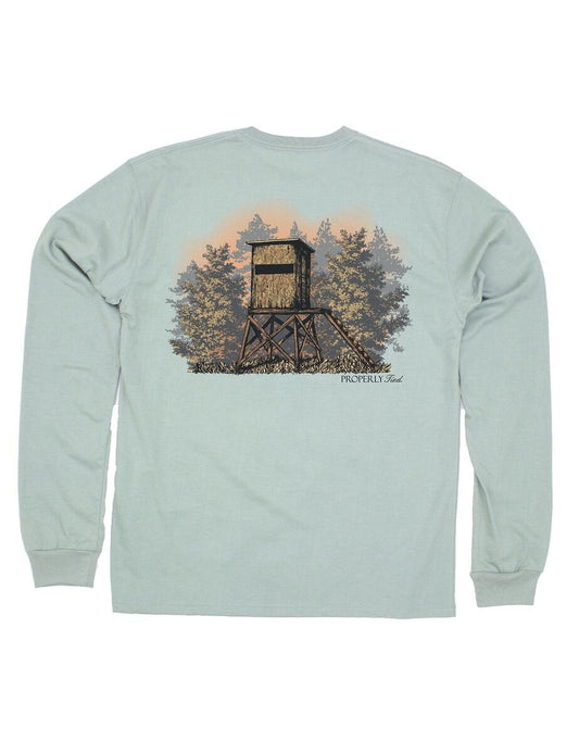 Properly Tied Tee Shirt - Logo Pocket on Front - Back Graphic - Sage Green Deer Stand