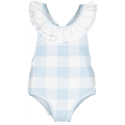 Sal & Pimenta Girls Criss Cross Ruffle Swimsuit - Bow in Back - Buffalo Check - Blue