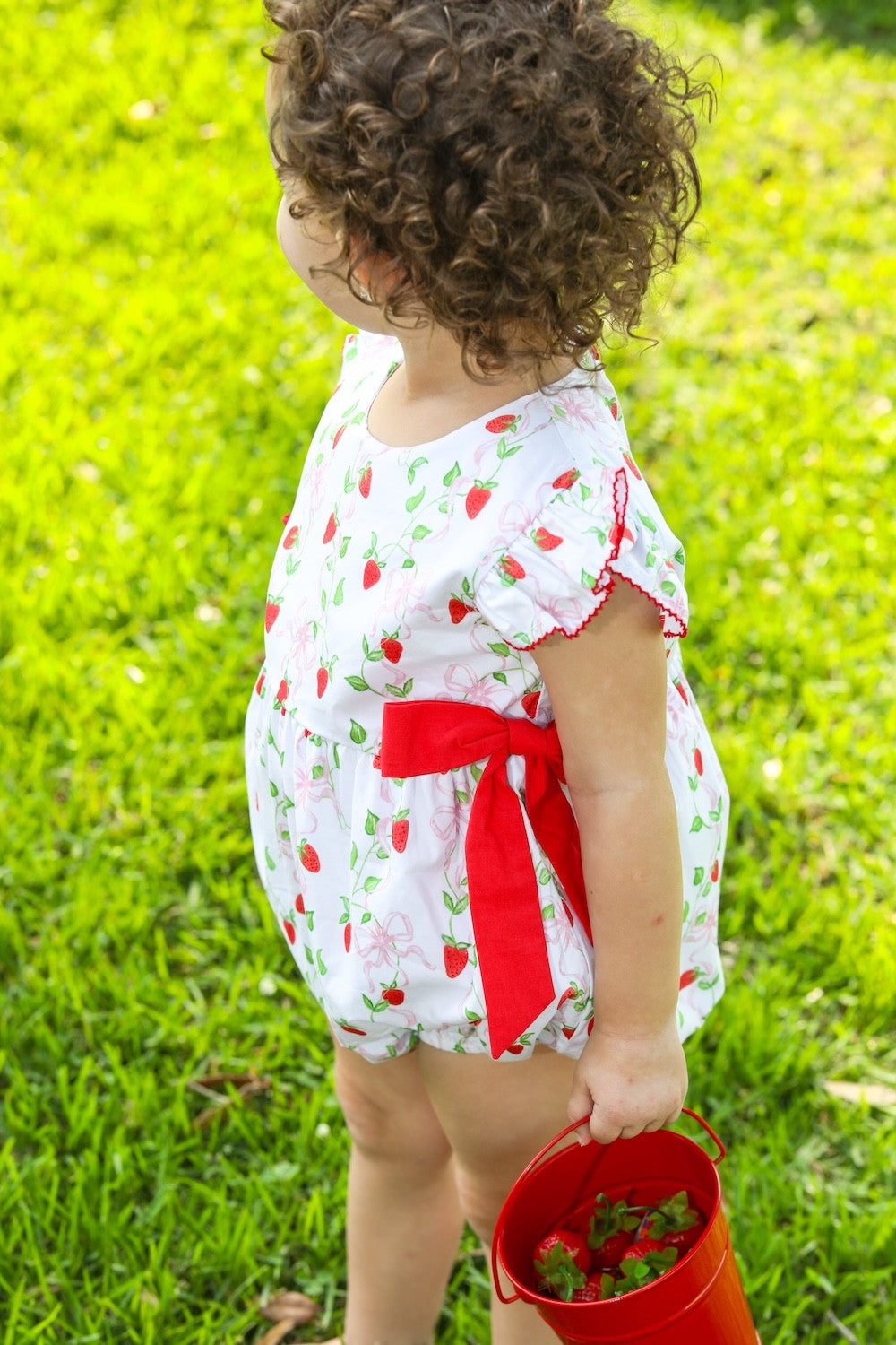 Trotter Street Kids Baby Girls Pink Pick of the Patch Strawberry Woven Bubble - Red Side Bows by Trotter Street Kids