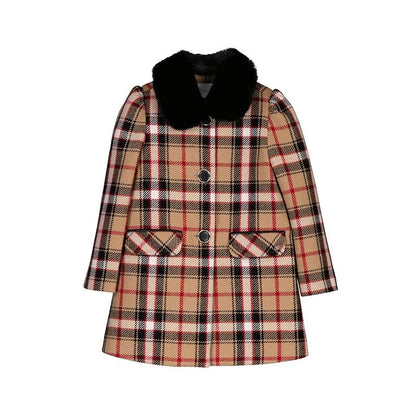 Abel & Lula Girls Classic Plaid Dress Coat - Faux Fur Collar