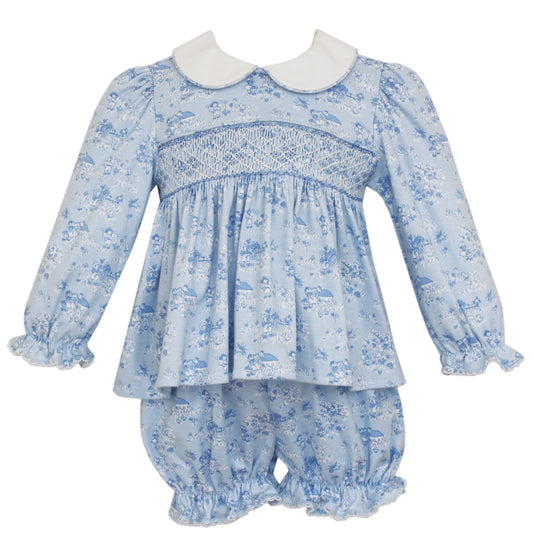 Petit Bebe Knits Baby / Toddler Girls Blue Toile Knit Smocked Bloomers Set