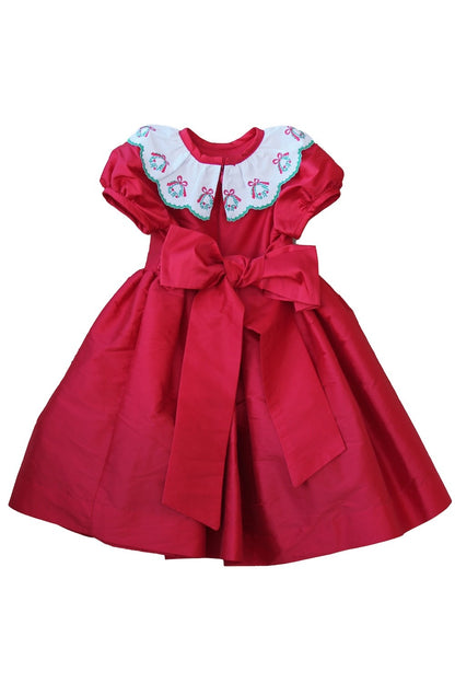 Susanne Lively Girls Taffeta Christmas Dress - Embroidered Wreath Collar - Red