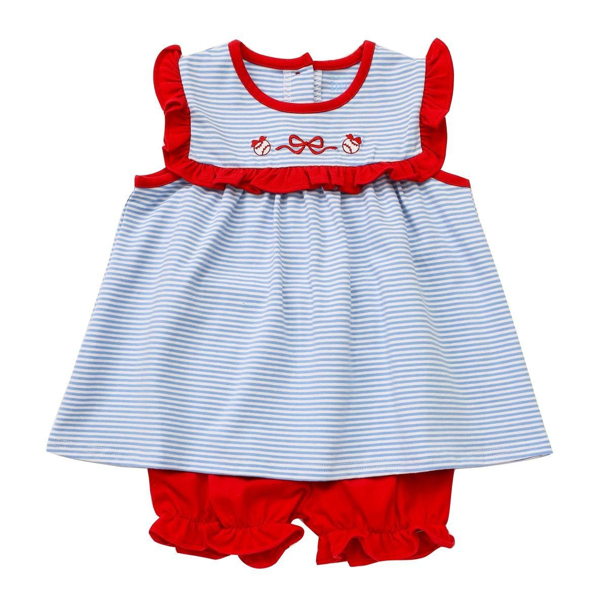 Itsy Bitsy Girls Bloomers Set - Red Bloomers with Blue Baseball Bow Top