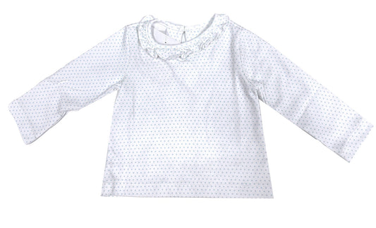 James & Lottie Girls Ruffle Neck Blouse Top - Blue Bitty Dots