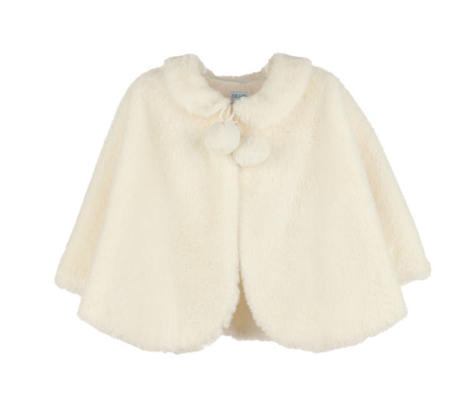 Luli & Me Girls Ivory Cozy Fuzzy Faux Fur Cape - Pom Poms