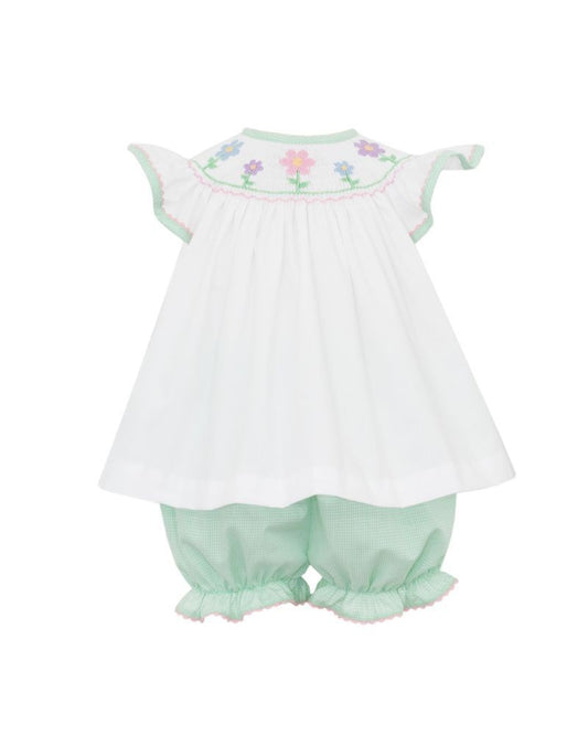 Anavini Velani Girls Green Gingham Bloomers Set - Smocked Flowers