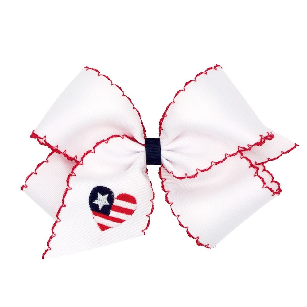 Wee Ones Girls Patriotic Moonstitch Bow - White with Red - Embroidered Heart Flag
