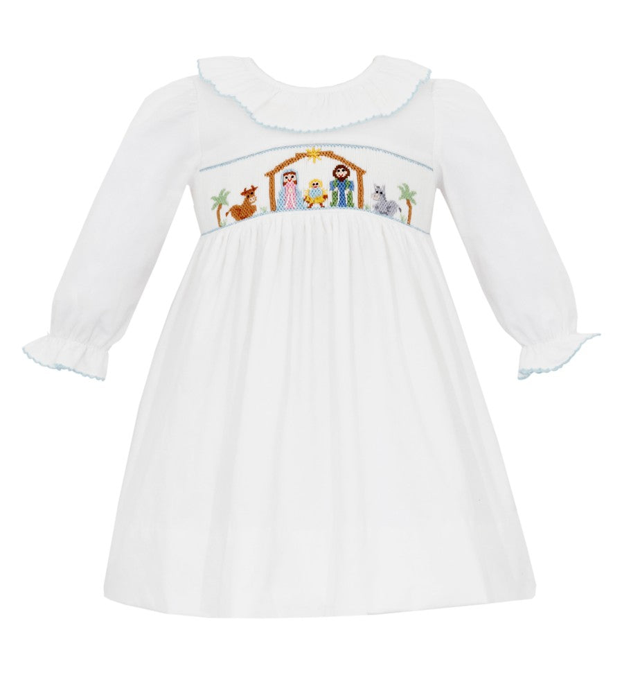Petit Bebe Baby Girls Winter White Corduroy Dress - Smocked Nativity Scene