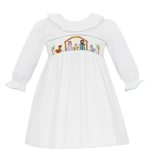 Petit Bebe Baby Girls Winter White Corduroy Dress - Smocked Nativity Scene
