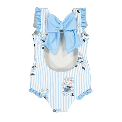 Sal & Pimenta Girls Swimsuit - Bow in Back - Santa on Blue Stripes