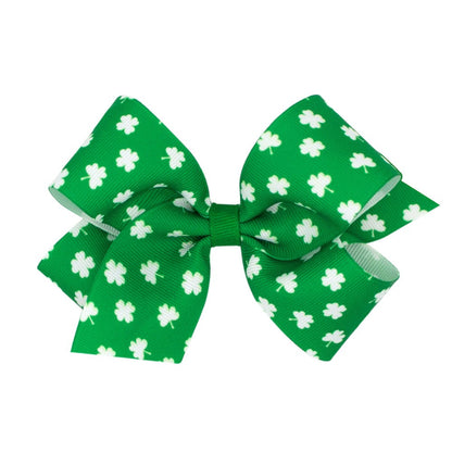 Wee Ones Girls Hair Bow on Clip - Tiny White Shamrocks on Green Bow