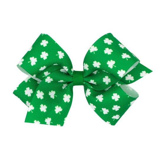 Wee Ones Girls Hair Bow on Clip - Tiny White Shamrocks on Green Bow