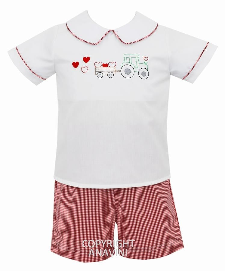 Anavini Boys Red Gingham Shorts Set - Embroidered Valentine's Day Train