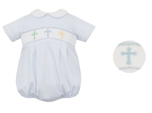 Petit Bebe Knits Baby Boys Light Blue Striped Smocked Crosses Bubble