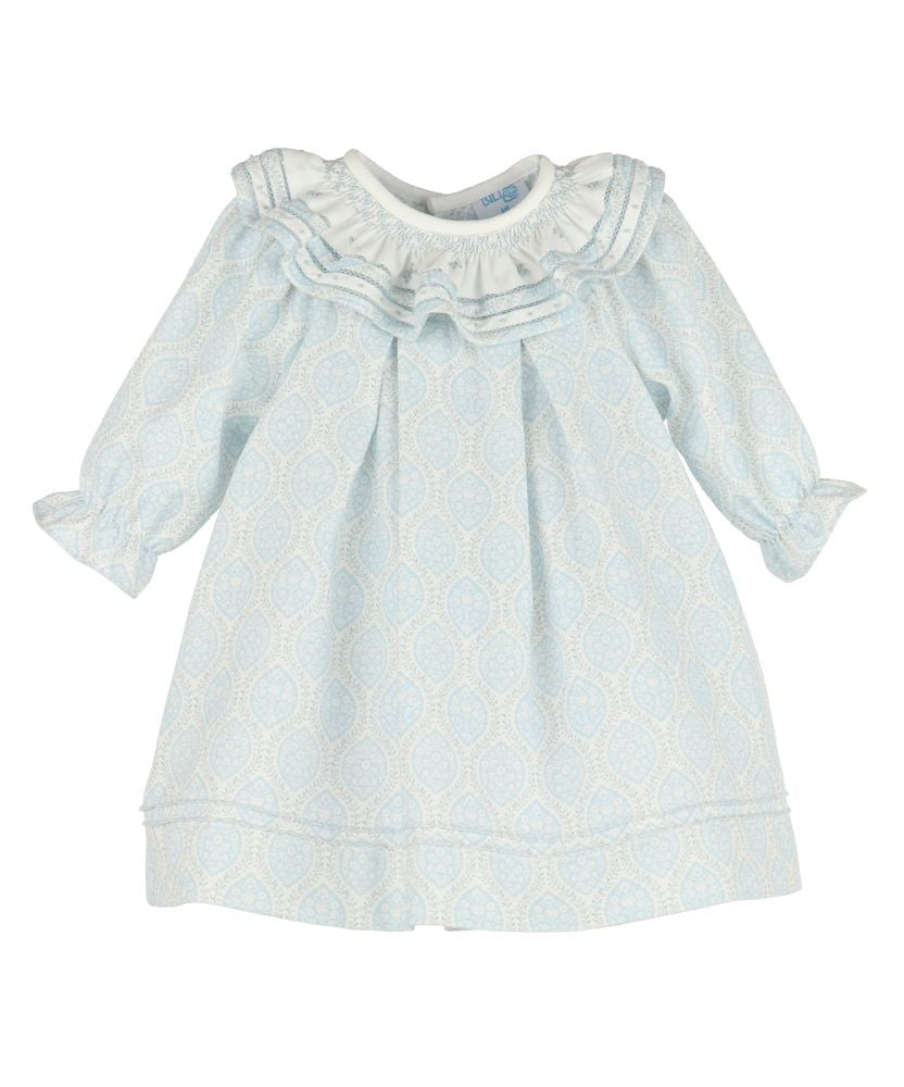 Luli & Me Girls Floral Wreath Smocked Collar Bishop Dress - Blue