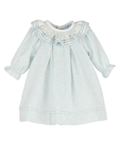 Luli & Me Girls Floral Wreath Smocked Collar Bishop Dress - Blue