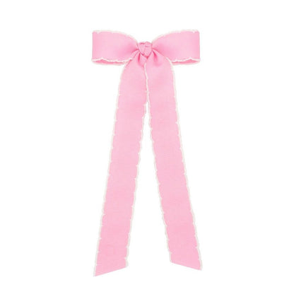 Wee Ones Girls Grosgrain Moonstitch Bow with Streamers - Light Pink with White