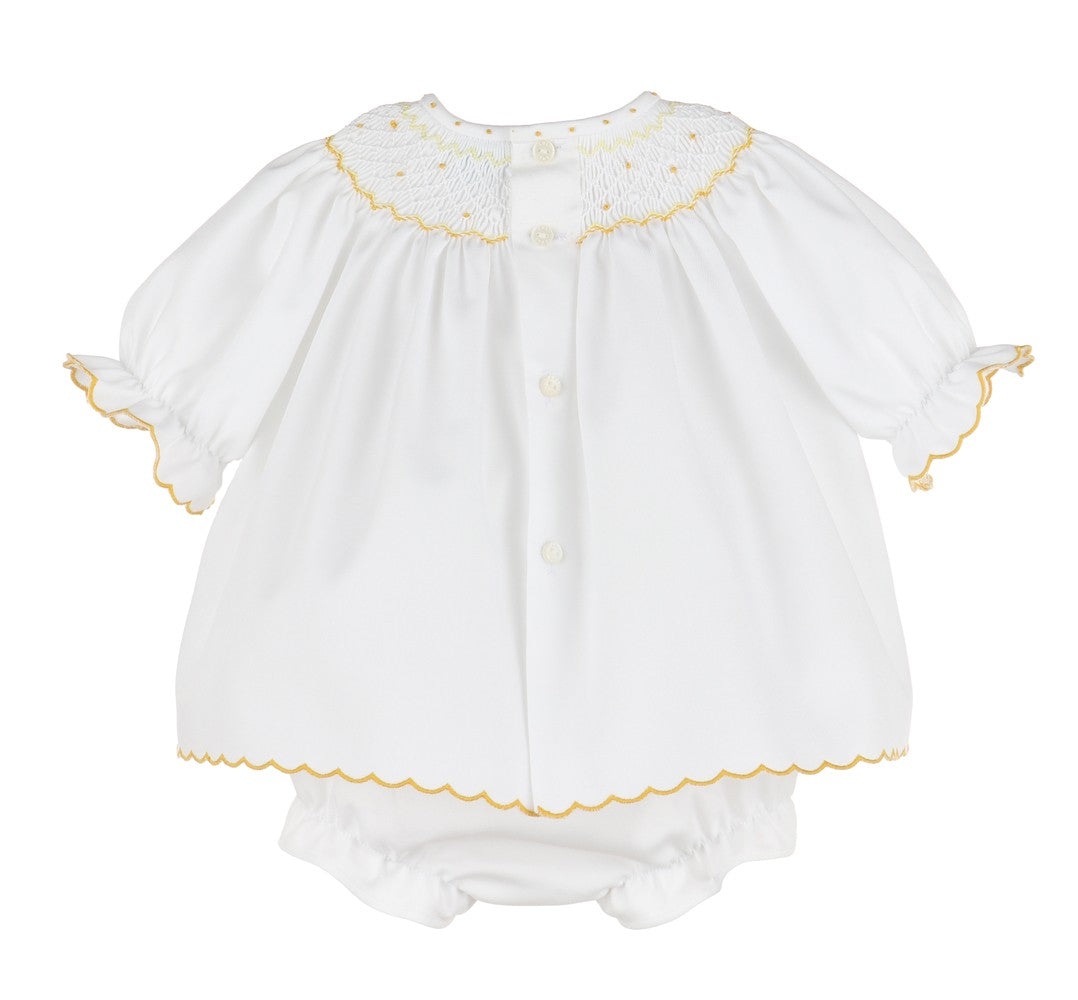 Luli & Me Baby Girls Classic White BIshop Dress - Bloomers & Bonnet - Smocked in Yellow