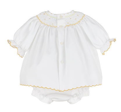 Luli & Me Baby Girls Classic White BIshop Dress - Bloomers & Bonnet - Smocked in Yellow