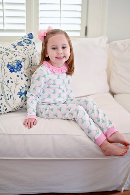 James & Lottie Two Piece Girls Pink Christmas Tree Jammies
