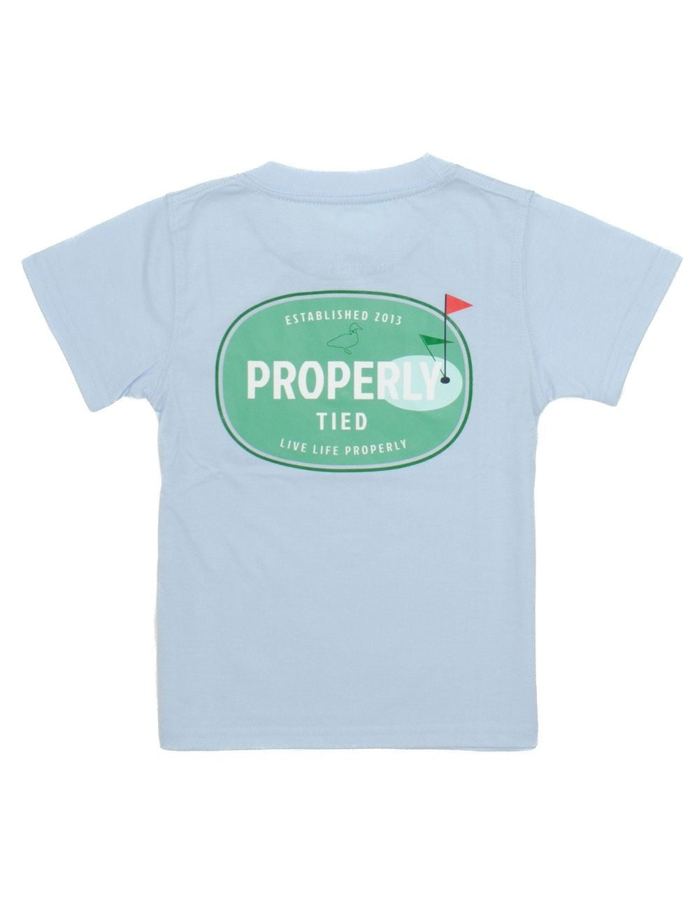 Properly Tied T-Shirt - Logo Pocket on Front - Graphic on Back - Golf Links on Periwinkle