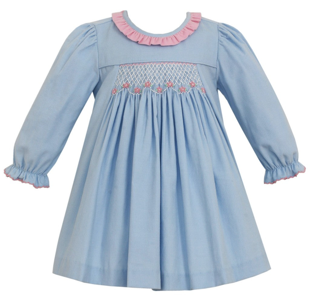 Petit Bebe Baby / Toddler Girls Blue Corduroy Dress - Smocked in Pink