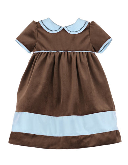 Luli & Me Girls Velvet Dress - Cocoa Brown - Blue Collar & Trim