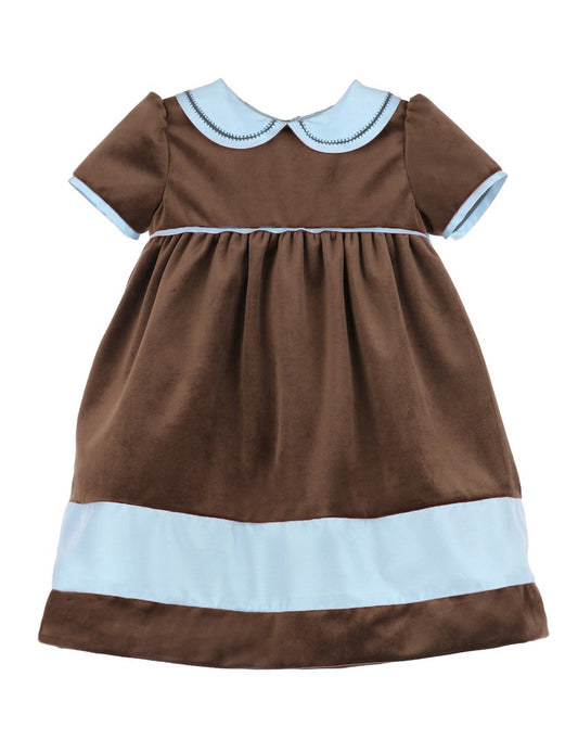 Luli & Me Girls Velvet Dress - Cocoa Brown - Blue Collar & Trim