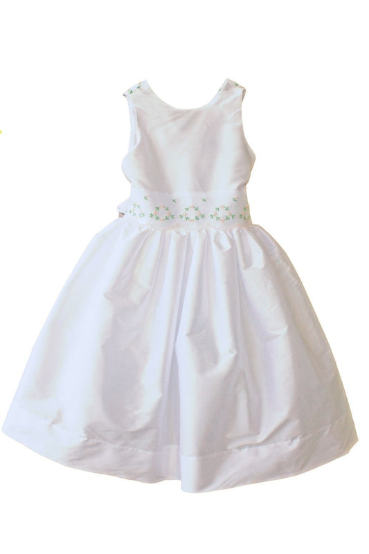Susanne Lively Girls White Special Occasion Dress - Pink & Green Floral Embroidery Trim