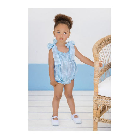 Sal & Pimenta Baby Girls Smocked Bubble with Ties - Capri Blue Gingham