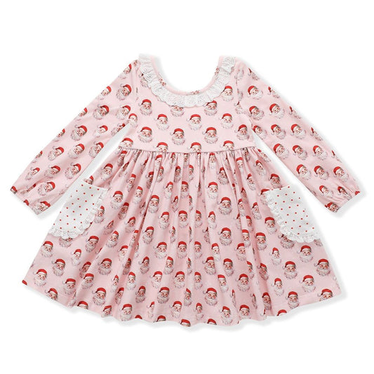Swoon Baby Girls Eyelet Trim Pocket Dress - Pink Santa Claus Print